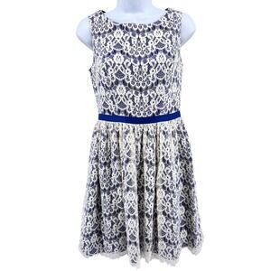 Shoshanna Dress Size 2 Blue White Lace Overlay Fit & Flare Party Cocktail USA‎